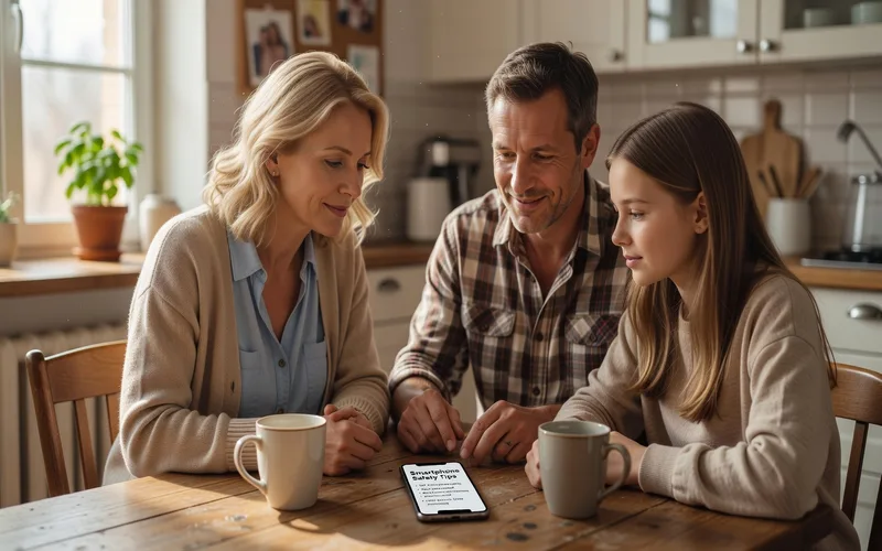 Parents discutant de sécurité en ligne avec leur adolescent