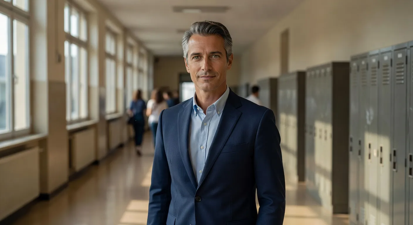 Portrait de Luc Moreau, conseiller principal d'éducation, couloir de lycée