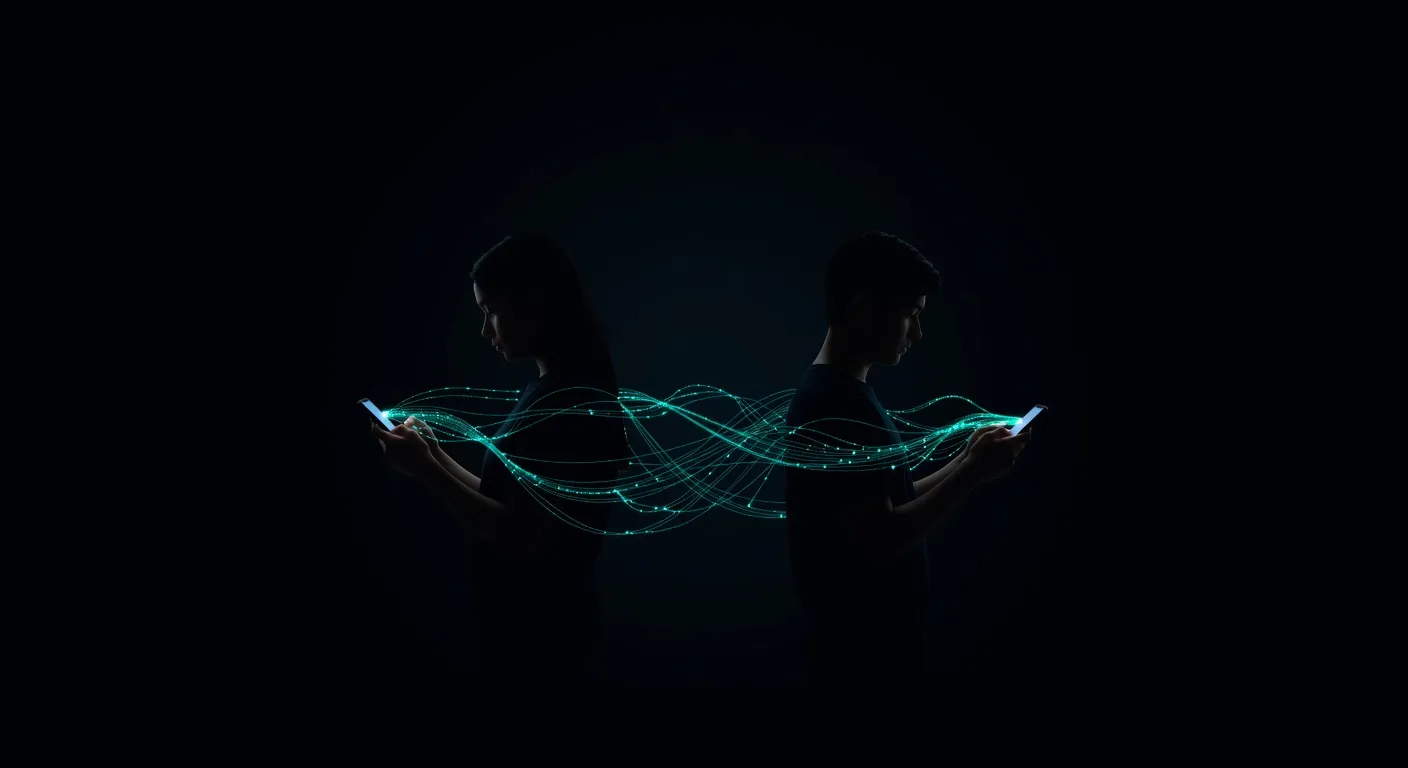 Deux silhouettes d'adolescents vues de dos, reliées par des lignes numériques teal, fond sombre, concept d'amitié en ligne