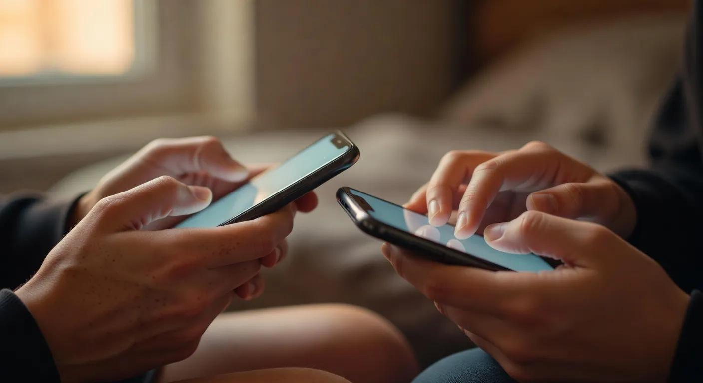 Mains de deux adolescents tenant des téléphones, doigts en train de taper, lumière chaude, focus sur les mains uniquement