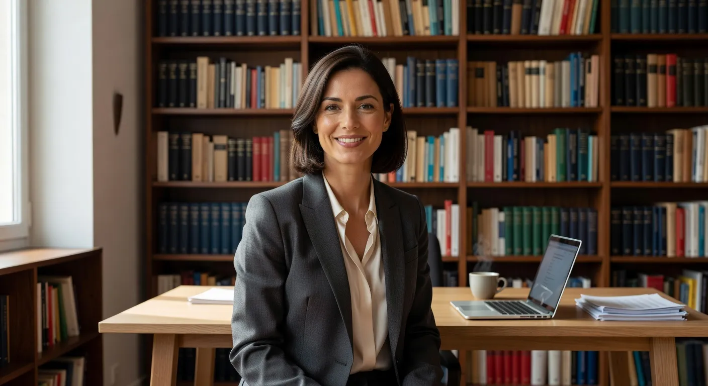 Portrait de Sophie Renaud, médiatrice numérique, sourire chaleureux, bureau lumineux