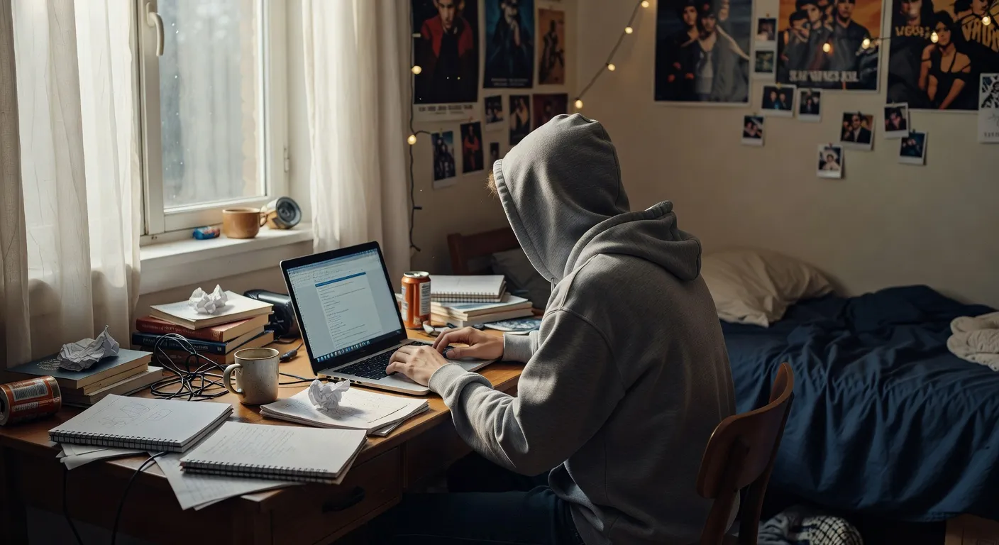 Adolescent vu de dos en train de scroller sur un ordinateur portable, lumière douce de fenêtre, chambre
