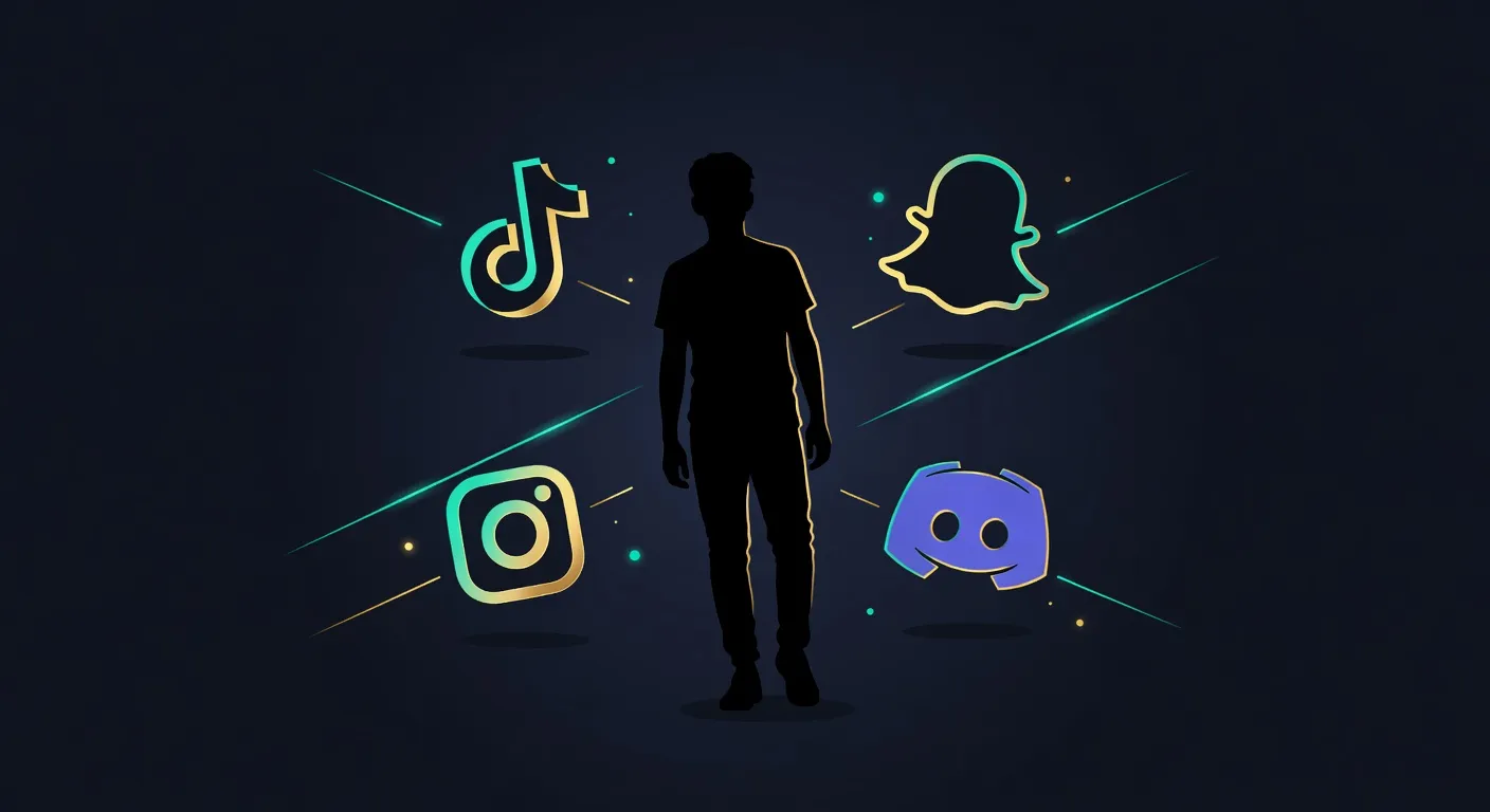 Collage des logos TikTok, Snapchat, Instagram, Discord autour d'une silhouette d'adolescent