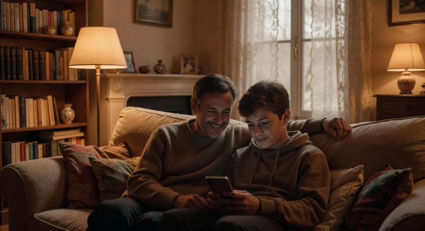 Parent et adolescent assis ensemble regardant un smartphone, ambiance bienveillante, éclairage chaud