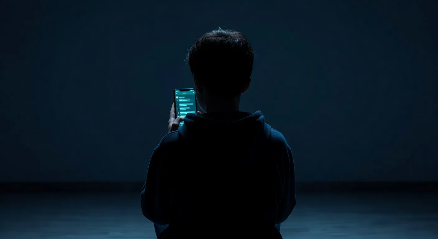 Silhouette d'adolescent vue de dos devant une interface de tchat, fond bleu marine