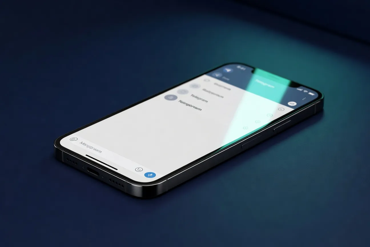 Smartphone affichant le logo Telegram sur fond bleu marine