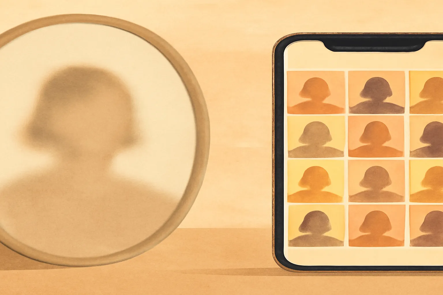 Adolescente face à son reflet sur smartphone, comparaison entre visage réel et visage filtré