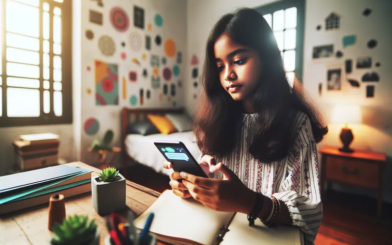 Adolescente utilisant un tchat ado gratuit sur son smartphone